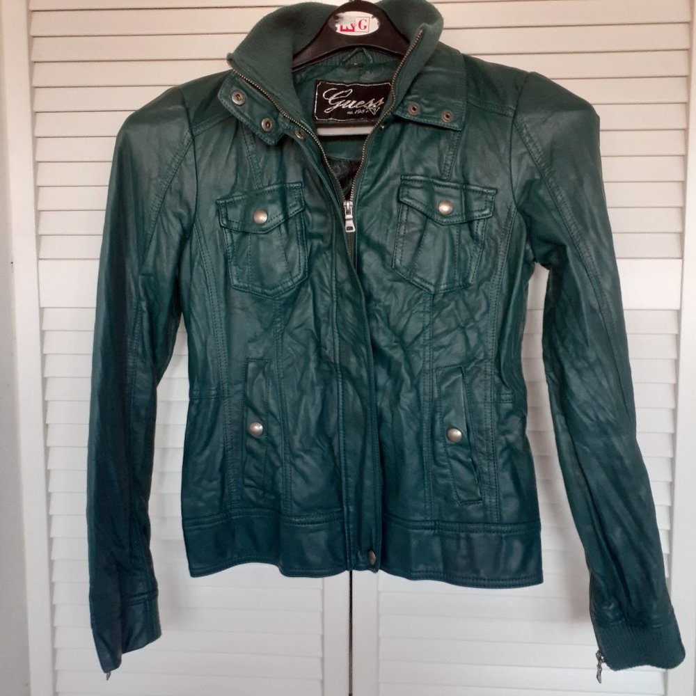 Guess Faux Leather Women's Dark Green Jacket Size Medium Retro Motorcycle